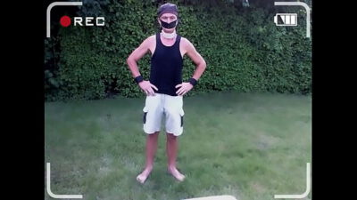 totally naked slave exposed striptease public outdoor cumshot with clamps on gay balls BDSM CBT