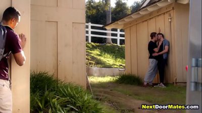Jealous guy spying his gay friends fucking outdoors