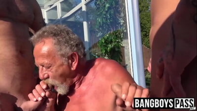 Threesome with gay horny grandpa and two y. studs
